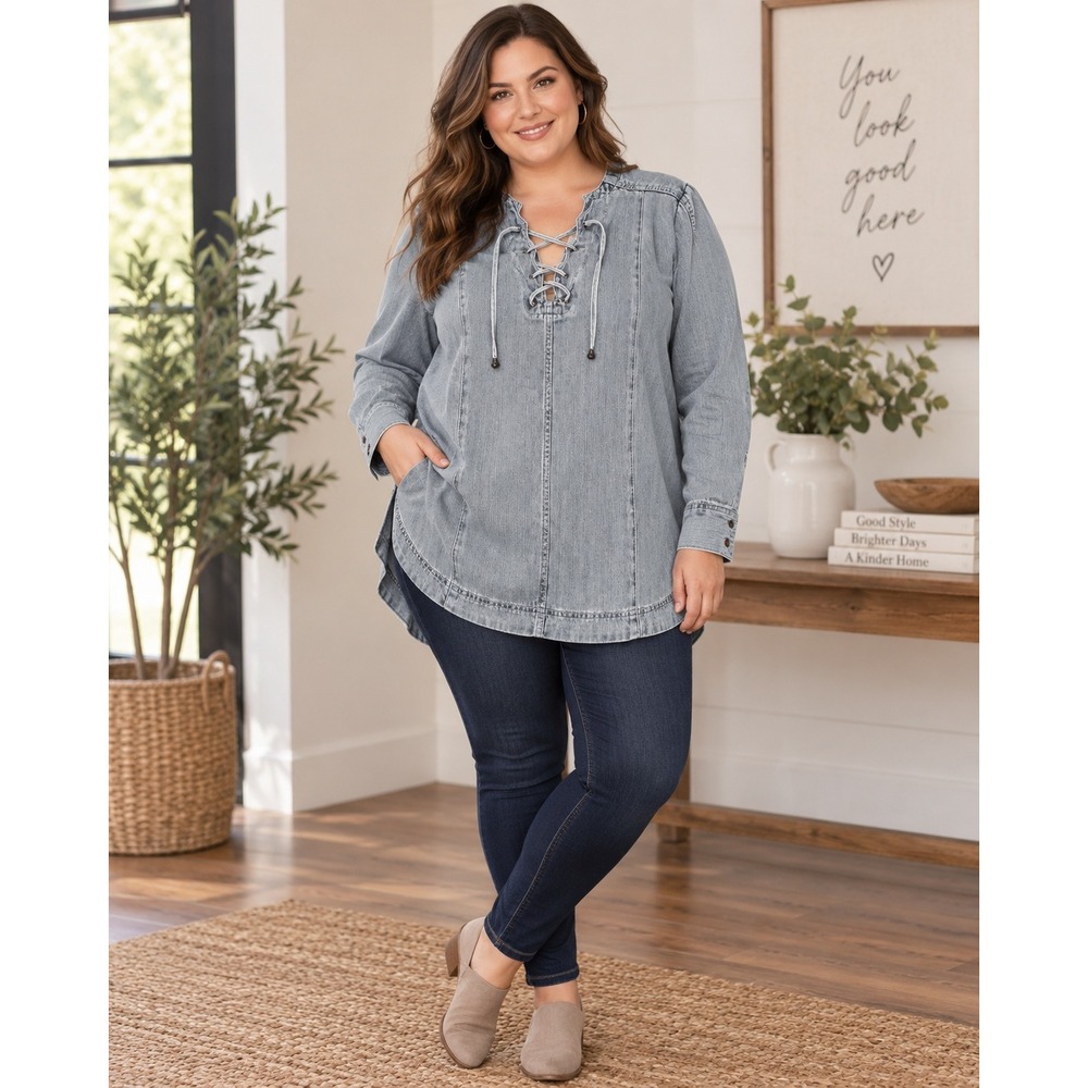 Denim 24/7 Lace Up Denim Tunic Shirt Womens 20W Western Boho Long Sleeve Scallop